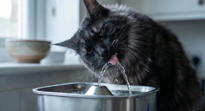 A fluffy Maine Coon drinking from a stainless steel pet fountain with water flowing