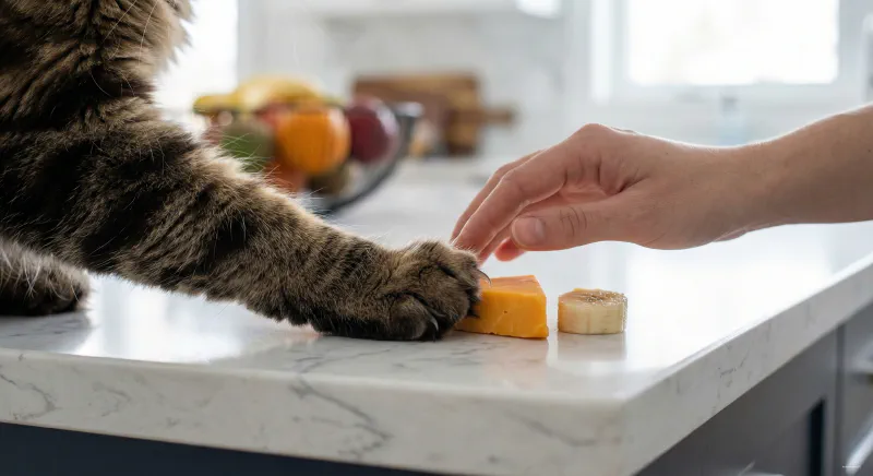 A Maine Coon paw reaching for human food on a kitchen counter