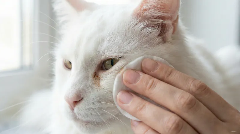 Close up of a person gently wiping a Maine Coon's eye with a cotton pad