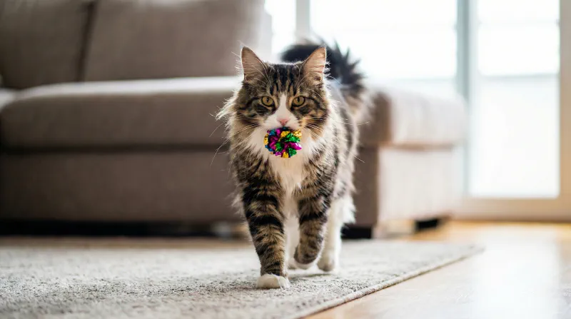 A Maine Coon carrying a toy in its mouth like a dog