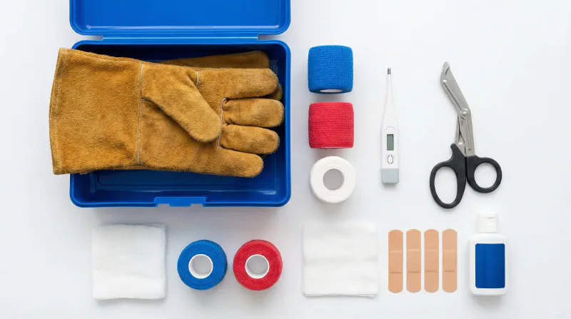 A flat lay photograph of a pet first aid kit contents including vet wrap, thermometer, and large towel