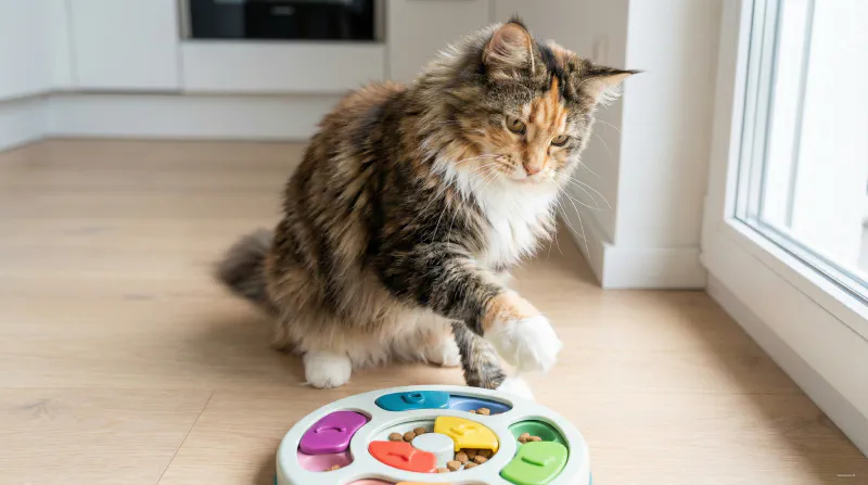 A Maine Coon cat using a food puzzle toy