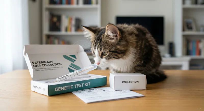 A Maine Coon kitten sitting next to a genetic DNA testing kit