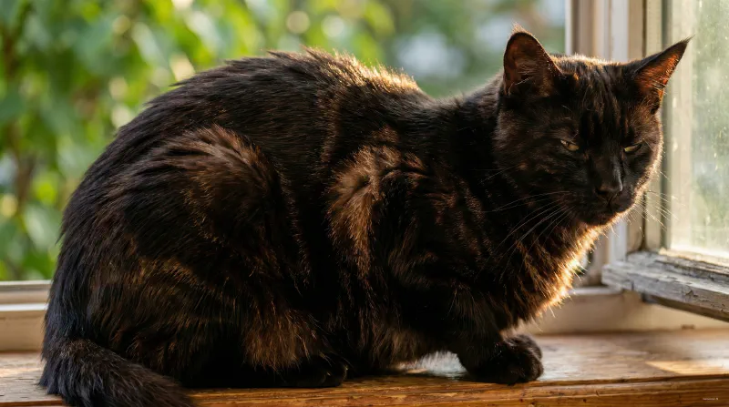 A solid black Maine Coon sitting in sun revealing faint tabby stripes