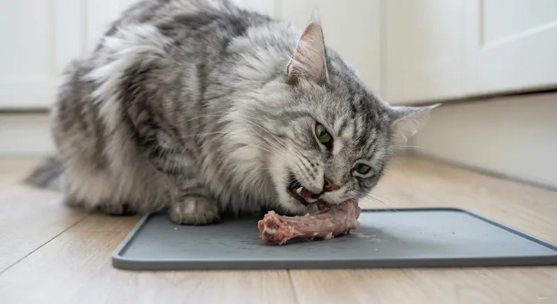 A Maine Coon gently gnawing on a small raw meaty bone on a feeding mat