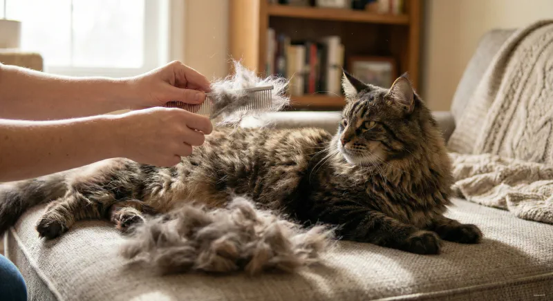 Owner grooming a Maine Coon with a metal comb removing loose undercoat