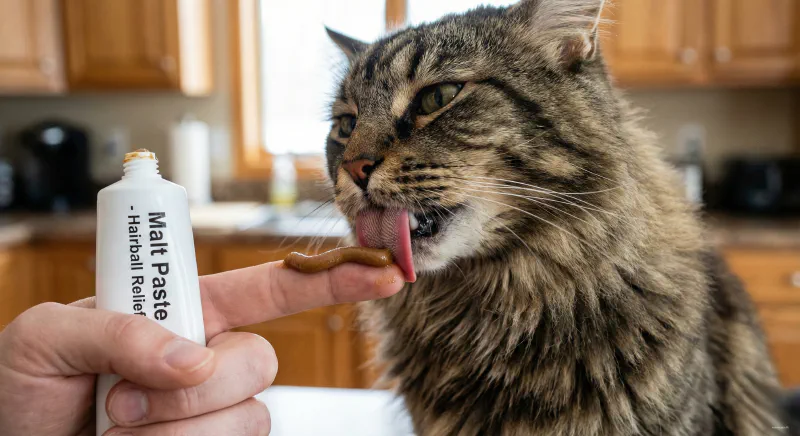 A Maine Coon licking malt paste hairball remedy from an owner's finger