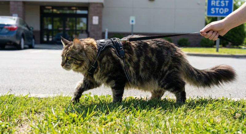 A Maine Coon safely wearing a harness and leash during a supervised outdoor break on grass