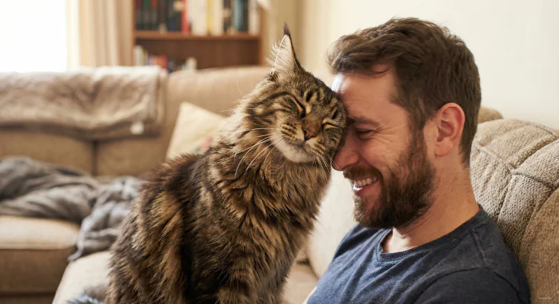 A Maine Coon affectionately head butting its owner