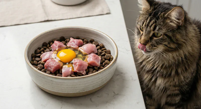 A bowl of high quality cat food with raw meat chunks and kibble