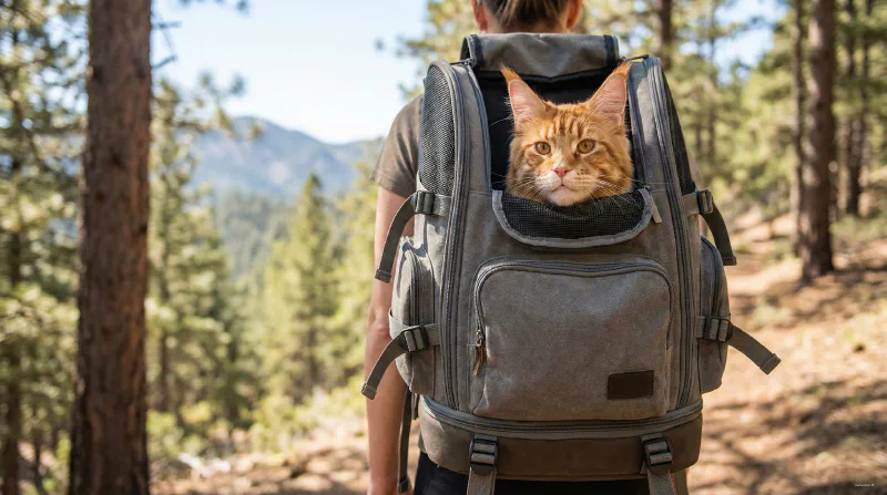 A Maine Coon sitting comfortably in a large, ventilated hiking backpack