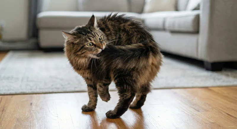 A Maine Coon cat looking agitated and turning to bite its own back