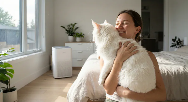 Woman cuddling a Maine Coon in a room with an air purifier