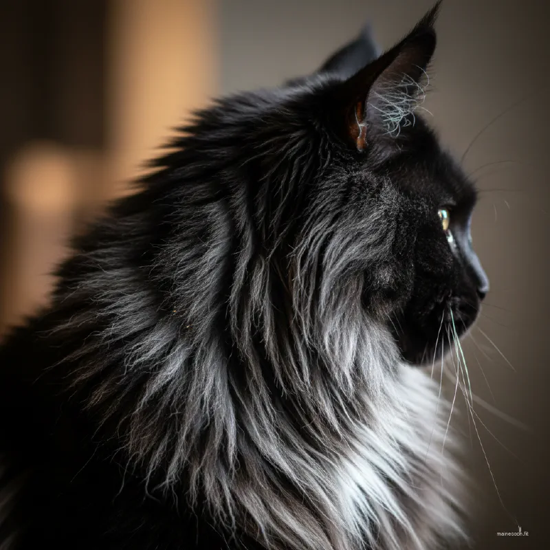 A Maine Coon sitting calmly on a blanket in a small, empty safe room in the new house with its essentials