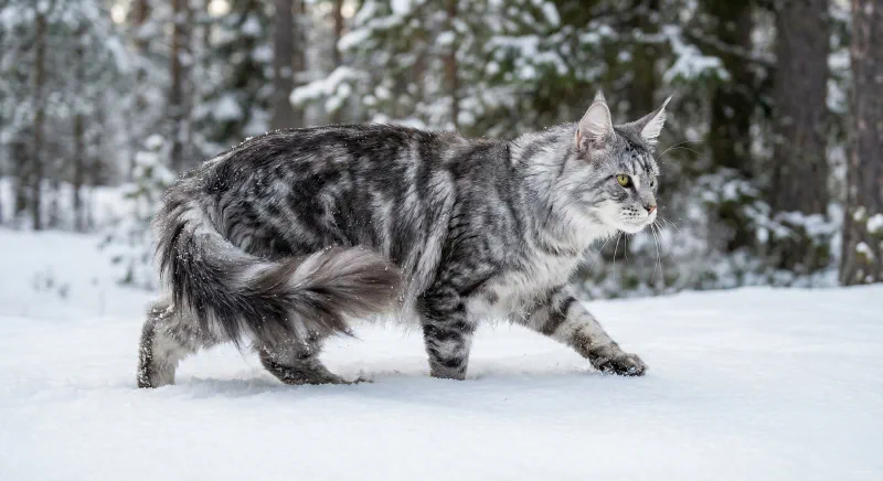 A Maine Coon walking confidently through deep snow