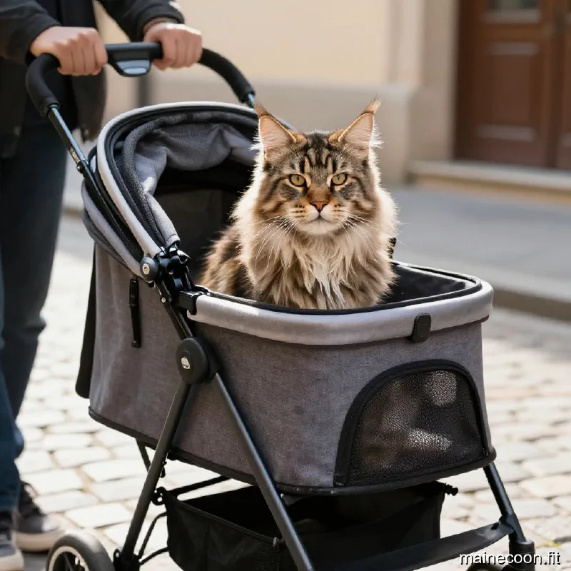 A massive Maine Coon cat being pushed in a luxury stroller