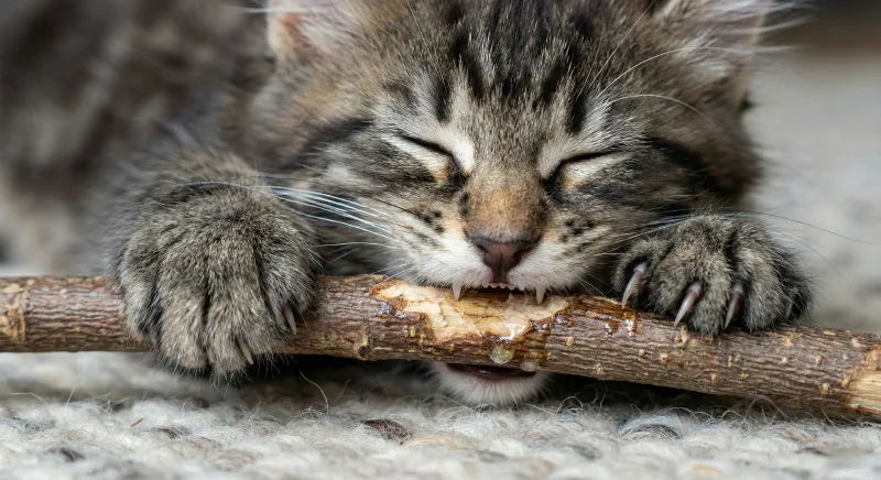 Close up of a Maine Coon kitten chewing on a designated teething toy