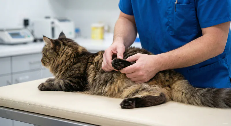 A veterinarian examining the hind leg and knee of a Maine Coon cat