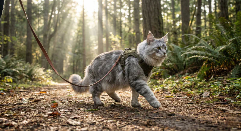 A Maine Coon walking confidently on a leash outdoors
