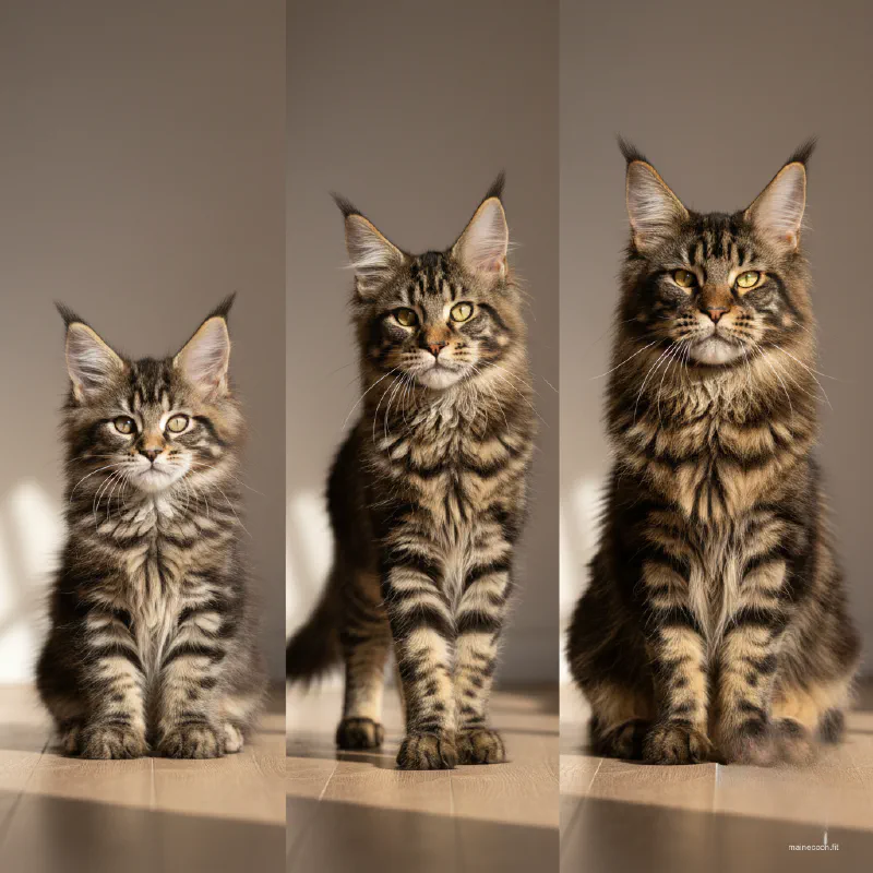 Side-by-side comparison of a Maine Coon kitten, adolescent, and fully mature adult