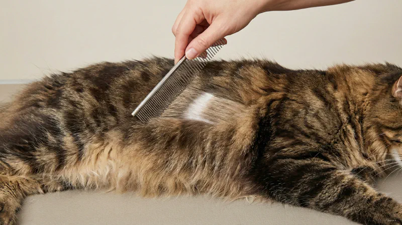 A diagram or photo showing the line brushing technique on a long-haired cat