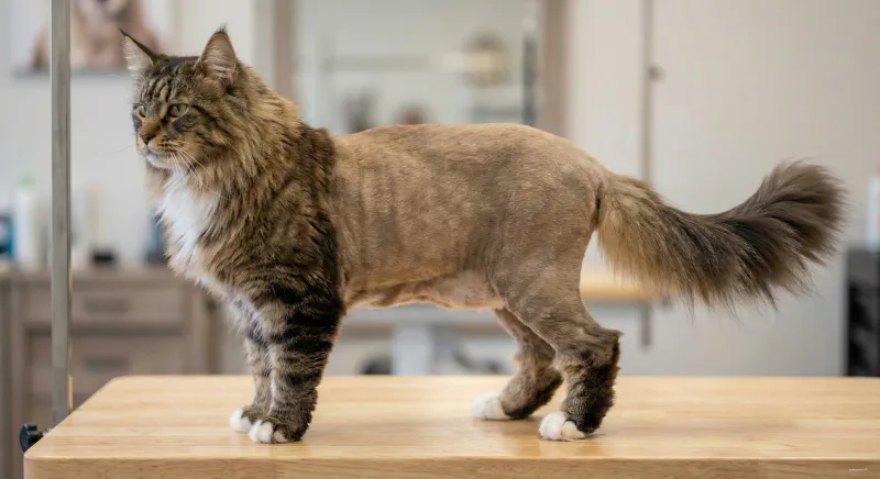 A Maine Coon with a professional Lion Cut grooming style