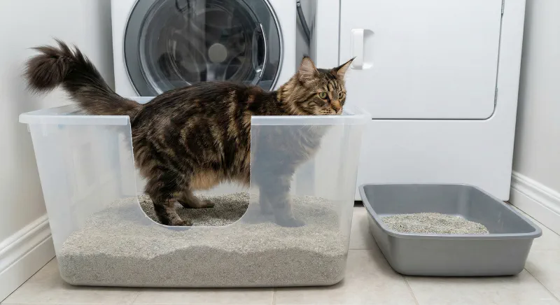 A DIY litter box made from a large plastic storage tote with a custom entrance cut out