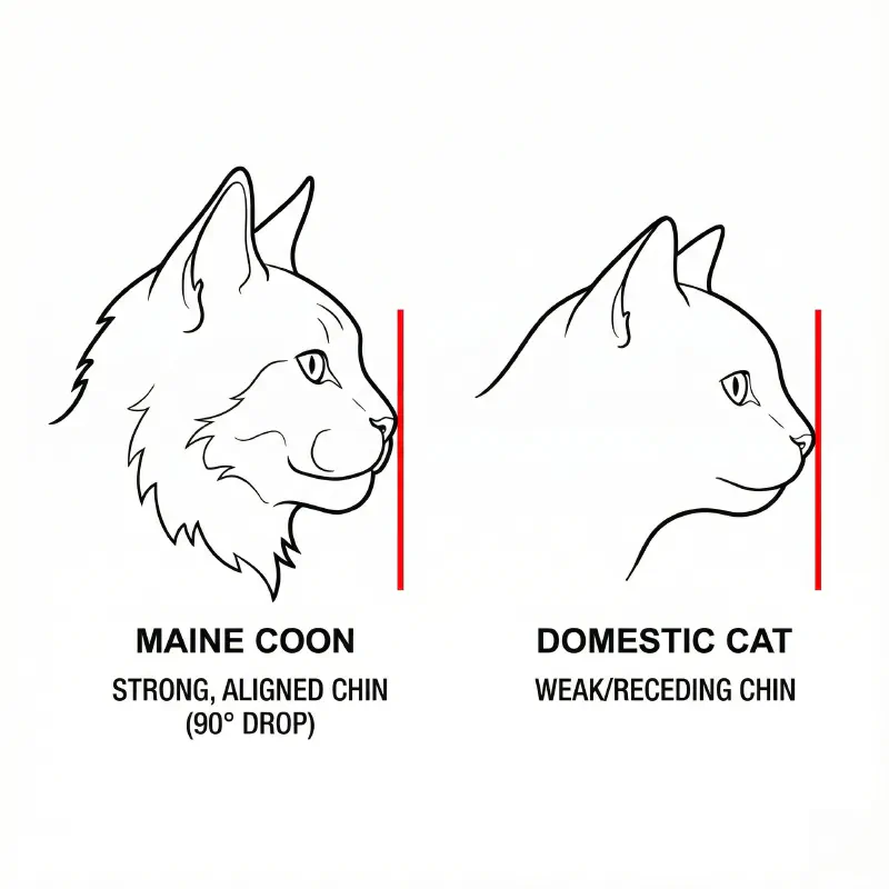 A side profile diagram of a Maine Coon cat head showing the straight line alignment of nose and strong chin
