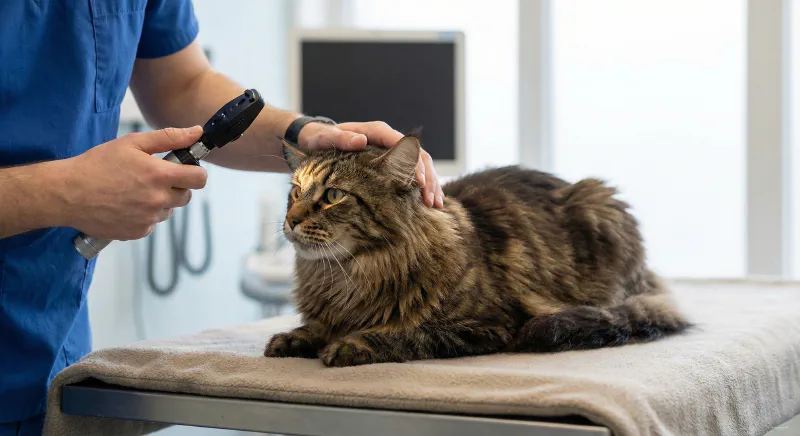 A veterinarian performing a neurological exam on a Maine Coon