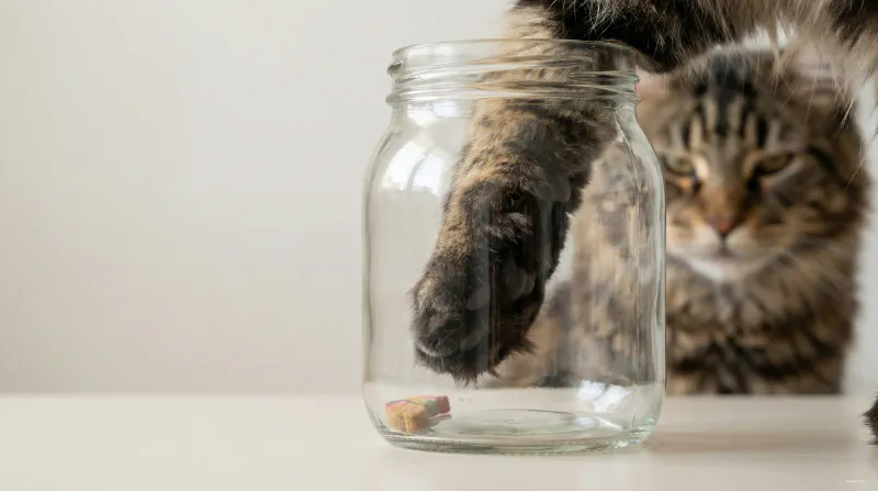 A Maine Coon reaching into a glass jar with one paw to retrieve a treat