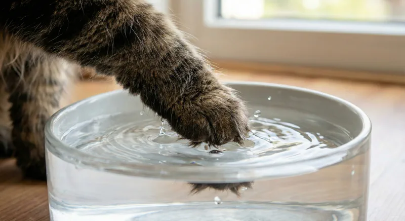 A Maine Coon dipping its paw into a water bowl before drinking