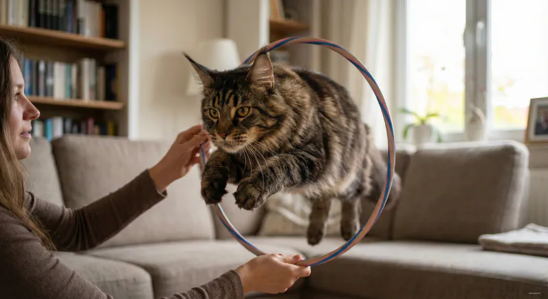 A Maine Coon standing on hind legs performing a high five trick