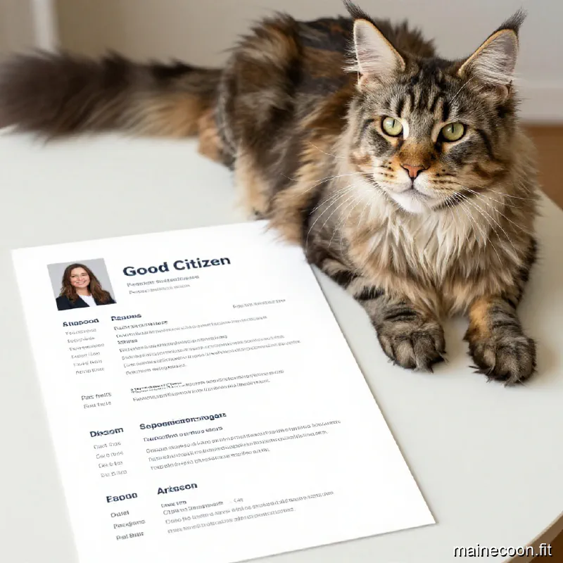 A professional pet resume document next to a well-behaved Maine Coon