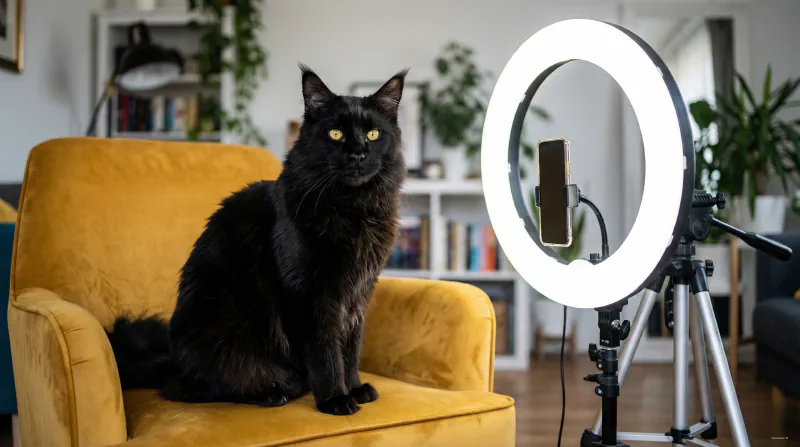 A behind the scenes look at photographing a black Maine Coon using a ring light and light background