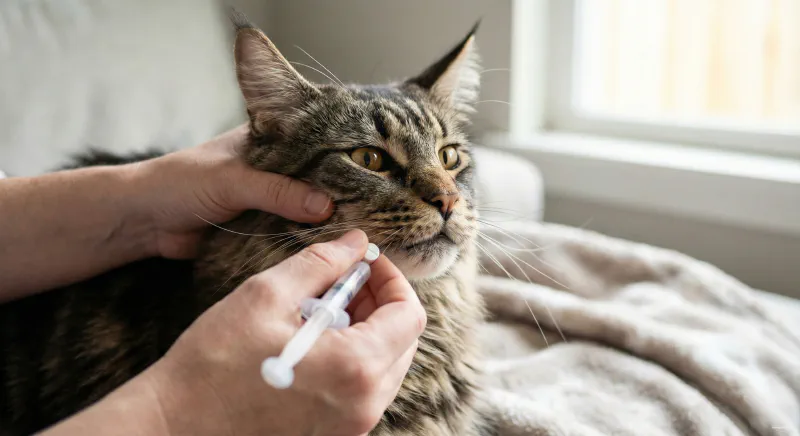 Close-up of a human hand gently administering a pill to a Maine Coon using a pilling device