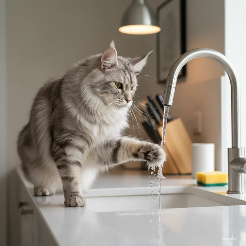 A Maine Coon pawing at running water from a bathroom faucet