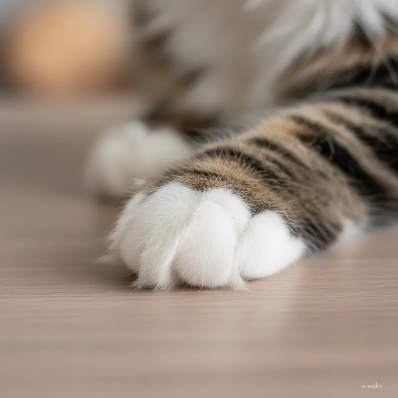 Macro close-up of a large, tufted Maine Coon paw clearly showing the well-formed extra digits