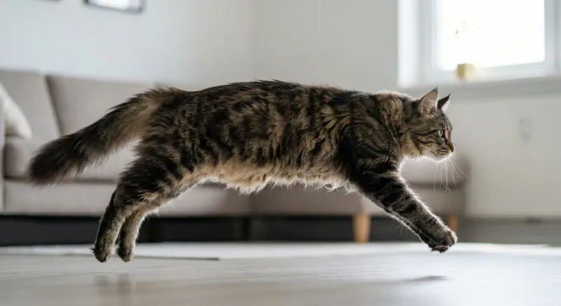 A lean Maine Coon running with the loose skin of the primordial pouch swinging
