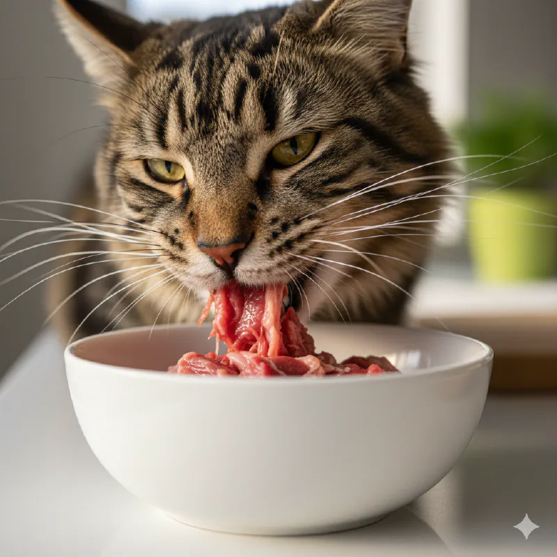 A large Maine Coon eating raw meat from a ceramic bowl