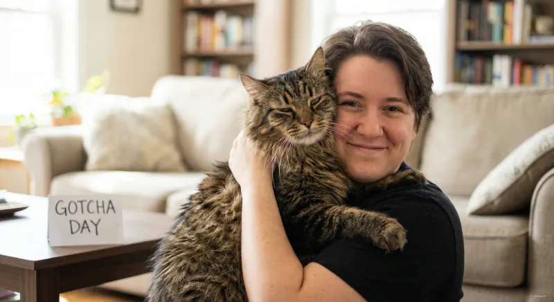 A fluffy Maine Coon mix sitting in a shelter cage waiting for adoption