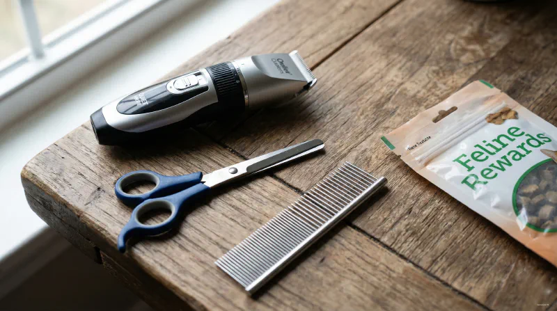 Grooming tools laid out on a wooden table including electric clippers and blunt-tip scissors