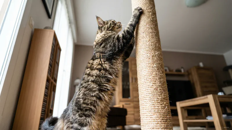 A Maine Coon stretching fully upwards to scratch a tall sisal post