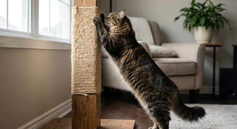 A Maine Coon cat stretching fully against a tall sisal scratching post