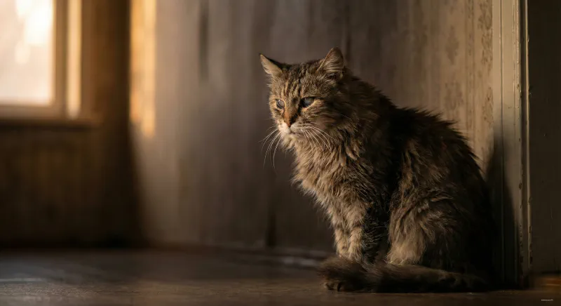 A senior Maine Coon staring into a dark corner looking confused