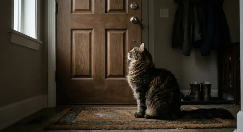 A sad Maine Coon sitting by the front door waiting for owner