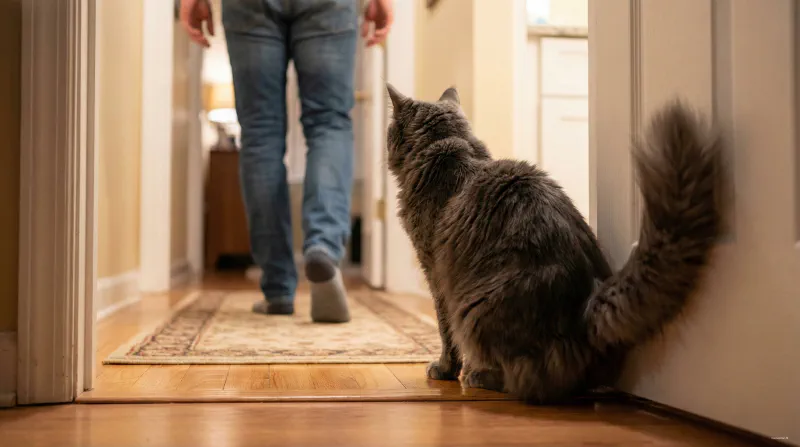 A Maine Coon following its owner closely down a hallway