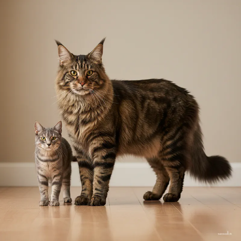 Image showing a large Maine Coon standing next to a domestic short-haired cat to illustrate size difference