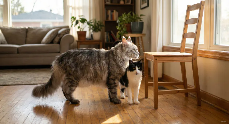 A Maine Coon standing next to a normal cat showing significant height difference