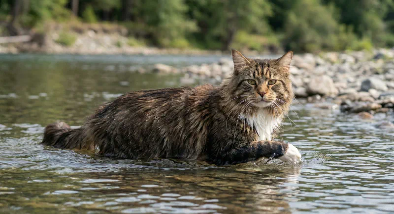 A Maine Coon cat paddling in water