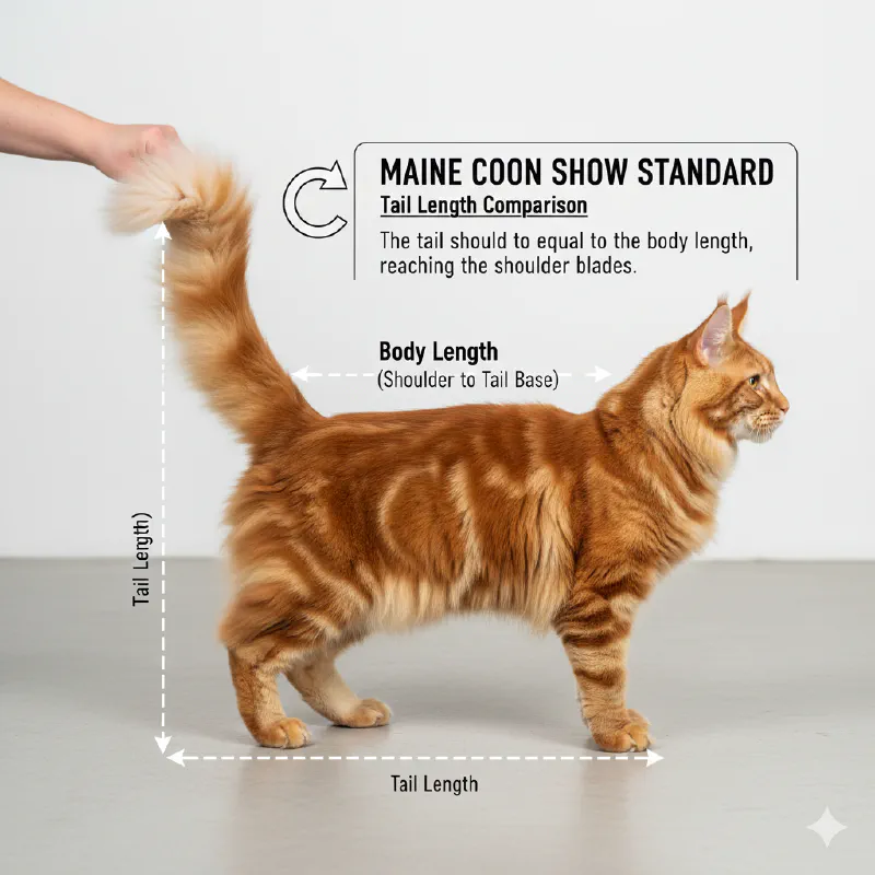 A Maine Coon cat with its tail gently pulled forward along its spine to show it reaching the shoulder
